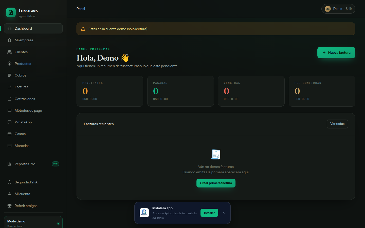 Dashboard — KPIs financieros, plantillas activas, cotizaciones pendientes y pagos por confirmar en una sola vista.