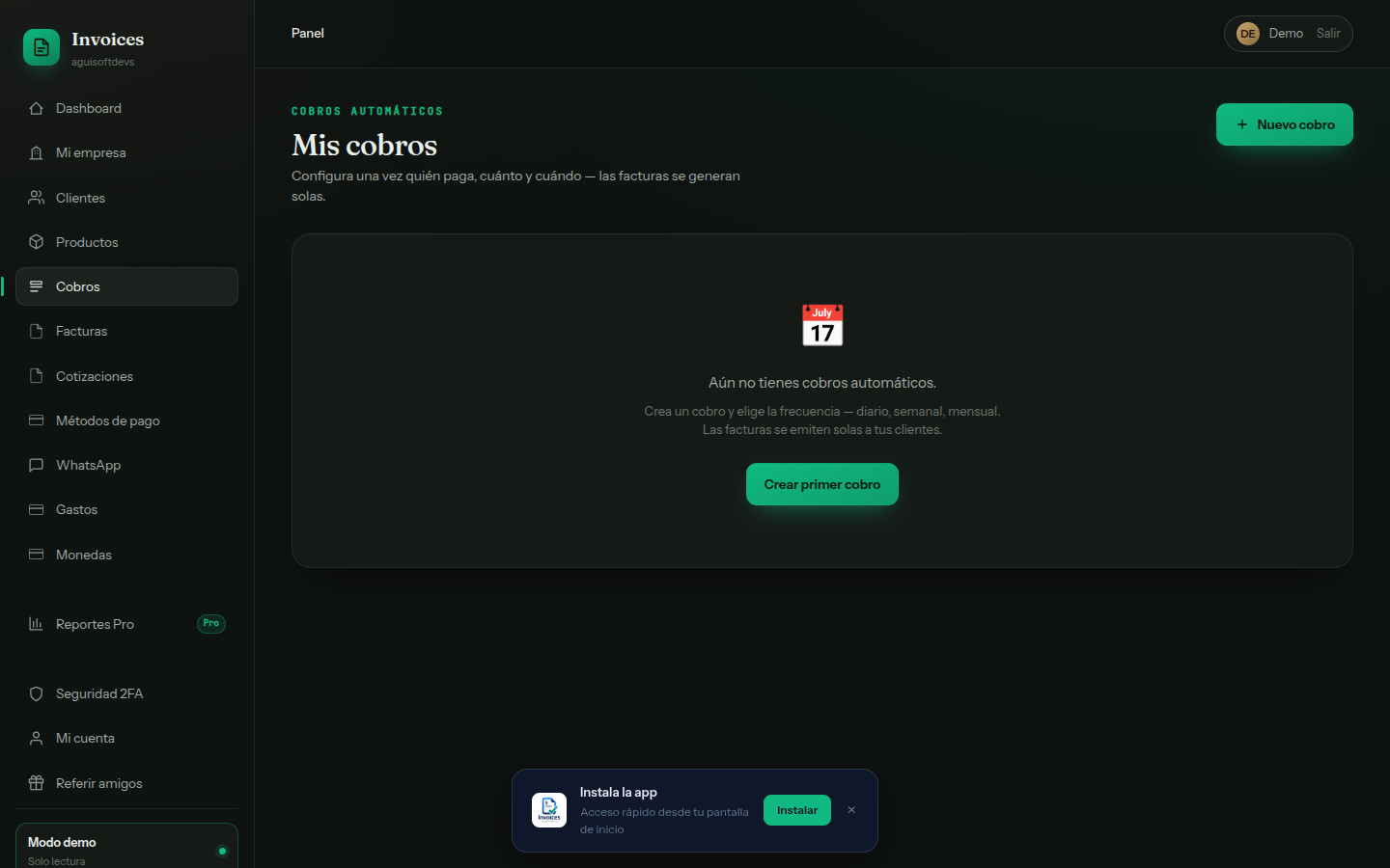 Plantillas recurrentes — Configura recurrencia (diaria/semanal/mensual/custom), IVA, retención y productos. Scheduler materializa facturas automáticas cada minuto.