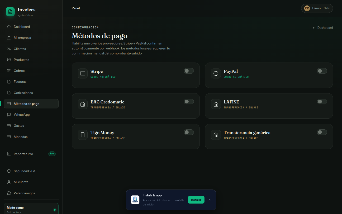 Métodos de pago — Stripe, PayPal, transferencia local (BAC, LAFISE, Tigo, o cualquier banco). Cada uno con test/live y credenciales encriptadas en reposo.