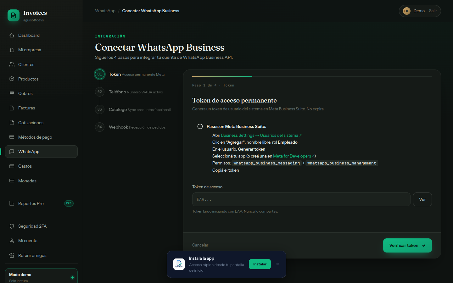Wizard WhatsApp Business — Conectá tu cuenta WABA en 4 pasos guiados: token, número, catálogo Meta y webhook. Con links directos a Meta Business Suite y Developers.