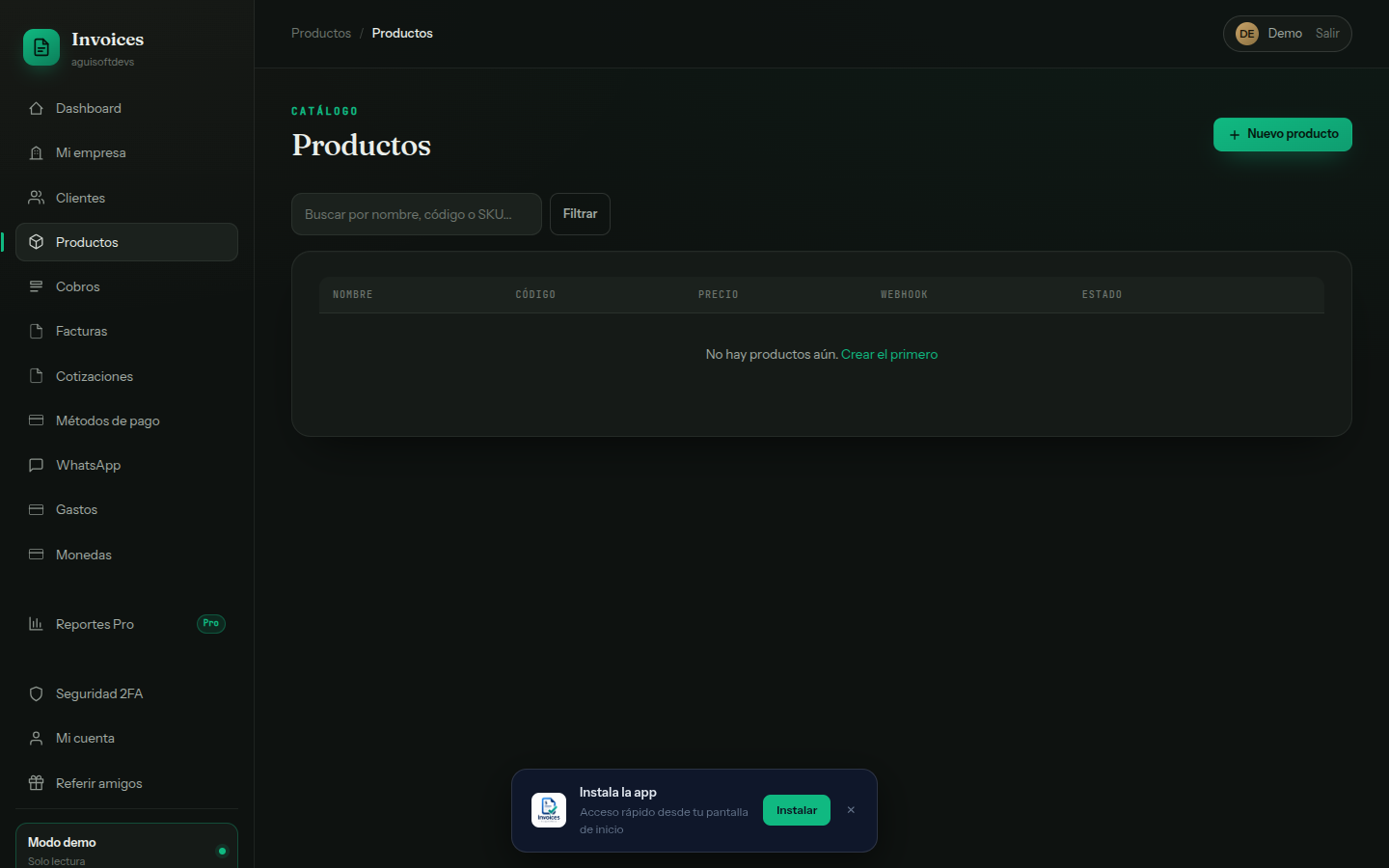 Catálogo de productos — Productos unificados: precio, SKU, categoría, imagen, unidad. Sincronizable desde WhatsApp Business. FK a items de factura.