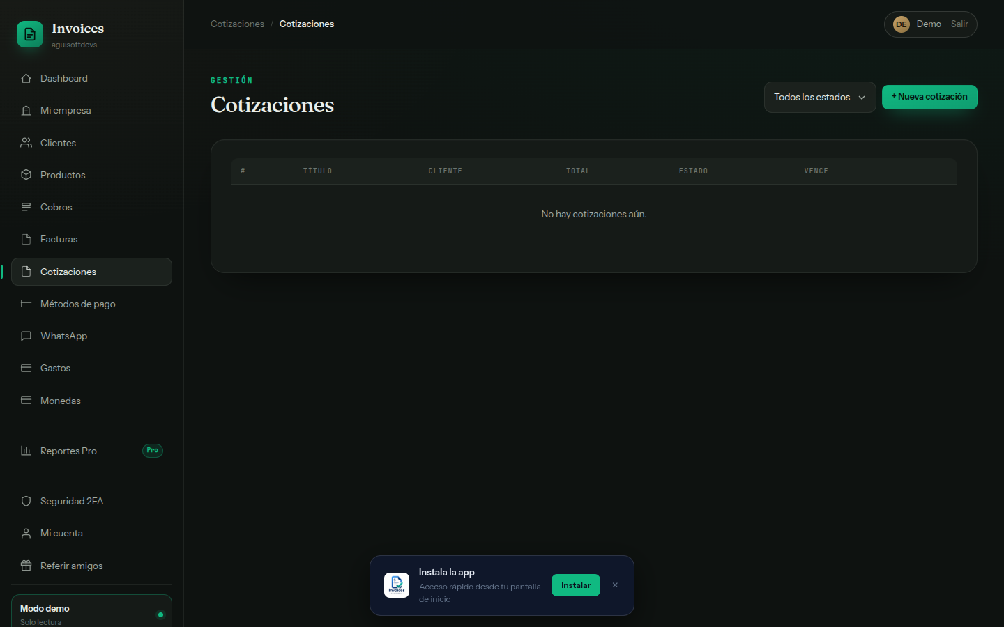 Cotizaciones — Envío por email, aprobación por link público sin login, conversión a factura o plantilla recurrente con un clic. Recordatorio pre-expiración.